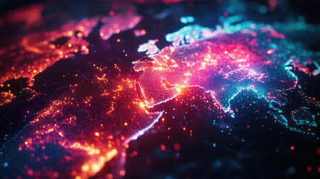 This vibrant 3D representation illustrates global connectivity with a blend of colors and lights, showcasing the digital landscape of our interconnected world.の素材