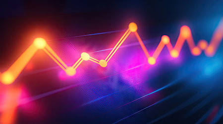 This vibrant digital artwork features glowing abstract 3D line charts. Perfect for data visualization themes, it combines modern design with energetic colors.の素材