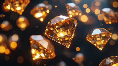 Explore a mesmerizing abstract scene featuring golden diamonds floating in a 3D environment. The shimmering light creates a captivating atmosphere full of luxury and elegance.の素材