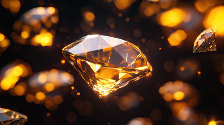 Explore a captivating abstract scene featuring floating golden diamonds in a mesmerizing 3D design. Vivid colors and striking light reflections create a luxurious ambiance.の素材