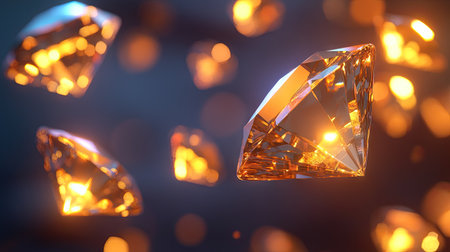 Discover a mesmerizing abstract visual featuring 3D floating golden diamonds, radiating light and elegance, perfect for enhancing modern design projects.の素材