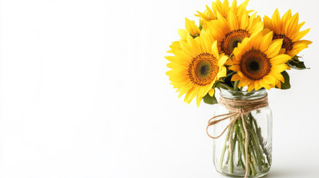 This vibrant bouquet features bright yellow sunflowers in a rustic mason jar, perfect for adding a cheerful touch to any space. Ideal for home decor.の素材