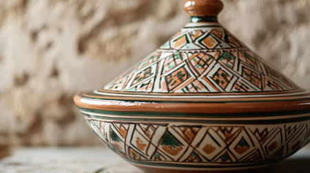 A captivating view of a traditional Moroccan tagine, showcasing intricate patterns and vibrant colors. Perfect for culinary or cultural themes.の素材