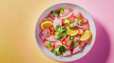 A vibrant traditional ceviche bowl featuring fresh fish, lime, onion, and chili, garnished with cilantro and citrus slices, perfect for a refreshing meal.の素材