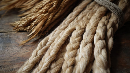 Close-up view of braided natural fibers arranged neatly on a wooden surface, showcasing their texture and earthy tones, perfect for craft and design inspiration.の素材
