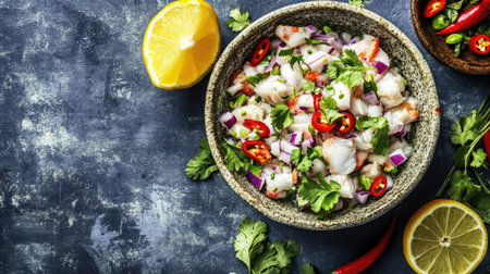 A vibrant bowl of traditional ceviche featuring fresh raw fish, lime, and colorful vegetables garnished with herbs and chilies, perfect for summer dining.の素材