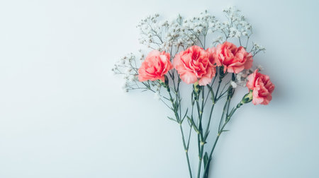 A beautiful and vibrant bouquet of pink carnations with delicate white filler flowers, perfect for adding a touch of elegance to any space. Ideal for gifts or decorations.の素材