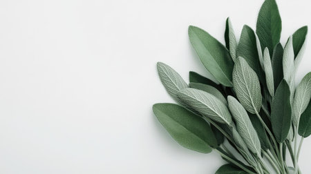 A close-up view of a bundle of fresh sage leaves on a light background. This image captures the vibrant green color and intricate textures, perfect for culinary uses or botanical themes.の素材