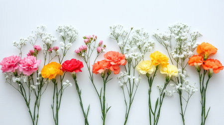 A vibrant floral display featuring colorful carnations in bright shades of pink, orange, yellow, and white, perfect for spring and summer decorations.の素材