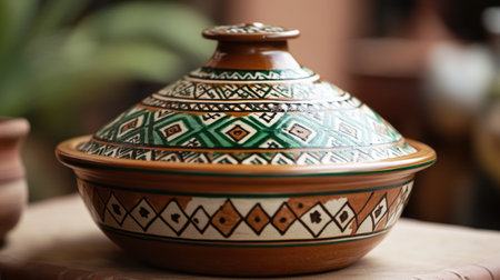 A close-up view of a traditional Moroccan tagine showcasing its intricate patterns and vibrant colors, perfect for culinary enthusiasts and cultural decor.の素材
