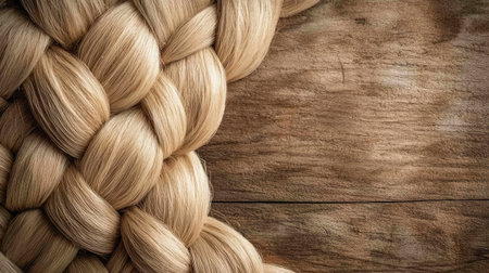 This close-up image showcases a beautifully braided fiber against a rustic wooden background, highlighting intricate details and organic beauty.の素材