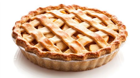 A beautifully baked apple pie showcases a golden, flaky crust with a tempting lattice design. Perfect for dessert lovers and festive gatherings, this pie is a classic treat.の素材