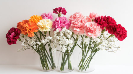 A vibrant floral arrangement featuring cheerful carnations in various colors, ideal for decoration, gifts, or boosting indoor ambiance. Perfect for spring events.の素材