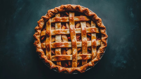 A close-up view of a freshly baked apple pie showcasing a golden crust, perfect for dessert lovers. Ideal for seasonal recipe showcases and culinary art.の素材