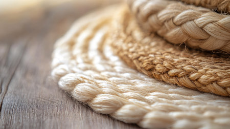 A detailed close-up of braided natural fibers arranged in circles on a wooden surface, showcasing an organic texture and rustic beauty. Perfect for designs emphasizing craftsmanship and nature.の素材