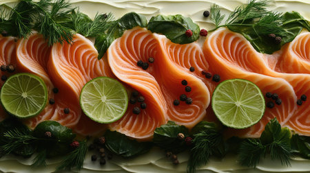 A beautifully arranged platter showcasing salmon slices garnished with fresh herbs and lime, perfect for culinary presentations and gourmet dishes.の素材
