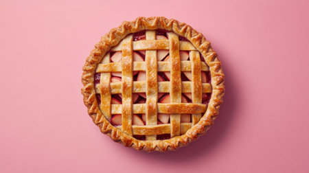 A close-up view of a beautifully baked single apple pie with a golden lattice crust, sitting on a pink background. Perfect for dessert lovers!の素材