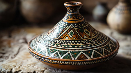 Discover the beauty of traditional Moroccan pottery with a close-up shot showcasing intricate patterns and vibrant colors, perfect for cultural or culinary themes.の素材
