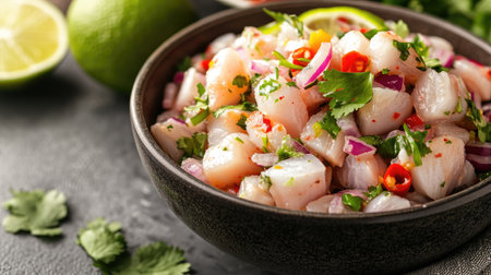 A vibrant close-up of fresh ceviche in a small bowl, featuring a mix of seafood, herbs, and spices, garnished with lime and chili for a refreshing appetizer.の素材