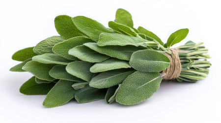 A close-up shot of fresh, green sage leaves showcasing their texture and vibrant color. Ideal for culinary, health, or botanical themes.の素材