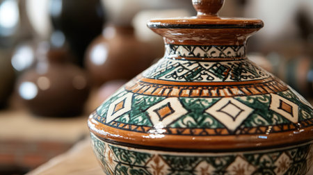 Discover the beauty of a Moroccan tagine pot close-up, showcasing intricate patterns and vibrant colors. Perfect for representing culinary traditions and culture.の素材