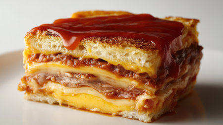 Indulge in the rich flavors of a Portuguese Francesinha sandwich. Layered with savory meats and melted cheese, it's a delightful dish perfect for any occasion.の素材