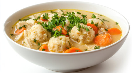 Enjoy a comforting bowl of matzah ball soup, featuring soft dumplings, savory chicken broth, carrots, and fresh parsley. A perfect dish for gatherings.の素材