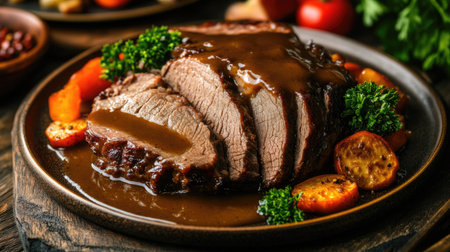A close-up view of a juicy sliced roast drizzled with brown gravy, garnished with fresh vegetables, showcasing a rich and appetizing presentation perfect for any meal.の素材