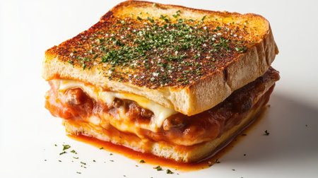 Indulge in a delicious Portuguese Francesinha sandwich featuring layers of meat, cheese, and a savory sauce. Perfect for any meal or snack!の素材