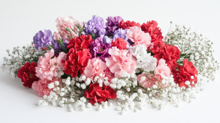 A stunning close-up of a colorful bouquet featuring various carnations highlighted by delicate baby's breath, perfect for decorations or floral arrangements.の素材