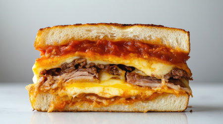 A mouthwatering sandwich featuring layers of savory meat, cheese, and tangy sauce, perfect for satisfying cravings in any meal or snack time.の素材