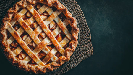 A delightful close-up view of a homemade apple pie with a golden, flaky crust. Perfect for showcasing dessert creativity and culinary warmth.の素材