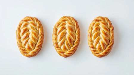 Three freshly baked pastries with a golden crust, displayed on a clean white background. Perfect for showcasing delicious treats in culinary presentations.の素材