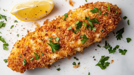 Enjoy a delightful crunchy breaded cutlet garnished with parsley and lemon. Perfect for a savory meal or appetizer for any occasion.の素材
