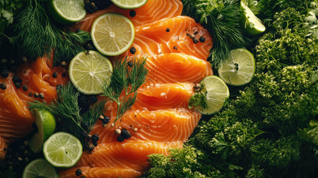 An elegant display of gourmet sliced salmon garnished with fresh lime and aromatic herbs. Perfect for food photography, recipes, and culinary inspiration.の素材