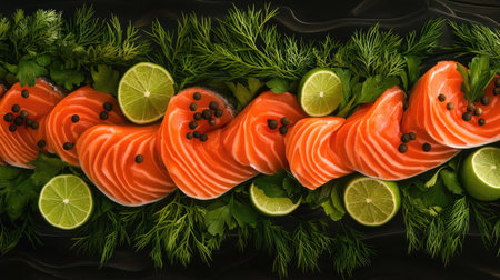 A vibrant gourmet arrangement of salmon slices garnished with fresh herbs and lime, perfect for a culinary presentation or elegant appetizer display.の素材