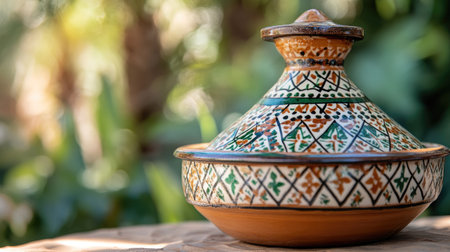 Explore a beautifully crafted traditional Moroccan pottery piece, showcasing intricate designs and vibrant colors, perfect for culinary presentations or decor.の素材