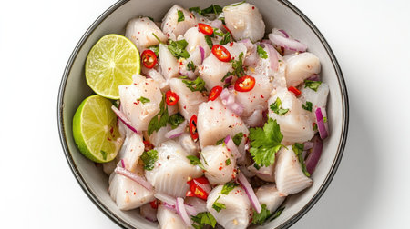 A vibrant bowl of fresh ceviche featuring raw fish, lime, cilantro, and chili, perfect for summer meals or as a refreshing appetizer.の素材