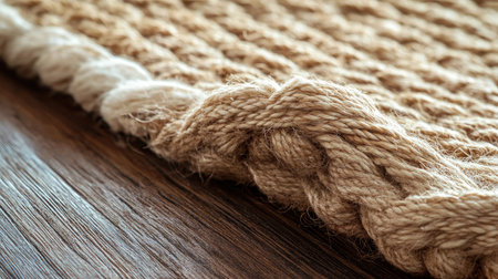 A detailed close-up view of a braided rope texture resting on a wooden surface, showcasing natural fibers and a rustic aesthetic for design inspiration.の素材