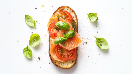 A delightful open-faced sandwich featuring fresh tomatoes, basil, and salmon on toasted bread. Perfect for brunch or a light meal with vibrant flavors.の素材