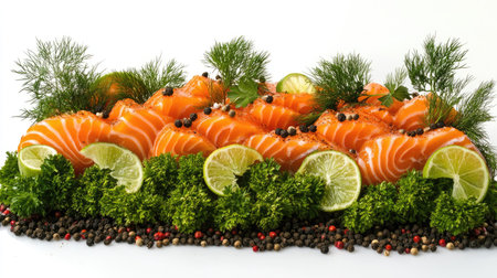 A vibrant gourmet display featuring delicately sliced salmon garnished with lime and fresh herbs, perfect for upscale dining and catering events.の素材