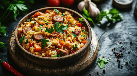 A flavorful sauerkraut stew served in a rustic wooden bowl, garnished with fresh parsley. Perfect for a comforting meal or a hearty side dish.の素材