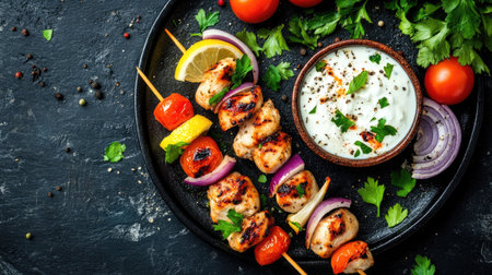 Indulge in succulent grilled chicken skewers served with fresh vegetables and a flavorful sauce, perfect for a gourmet meal or outdoor feast.の素材