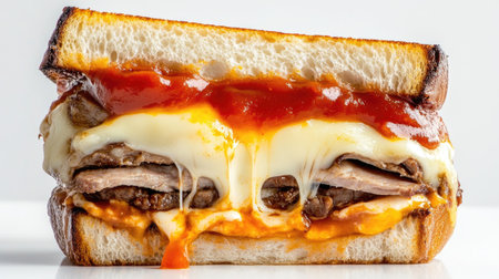 Discover the rich flavors of a hearty Portuguese Francesinha sandwich, featuring layers of meat, melted cheese, and delicious sauce, perfect for any meal.の素材