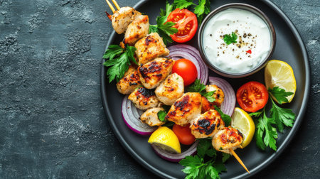 Enjoy a vibrant plate of grilled chicken skewers served with fresh vegetables, tangy lemon, and a creamy yogurt dip, perfect for any gathering.の素材