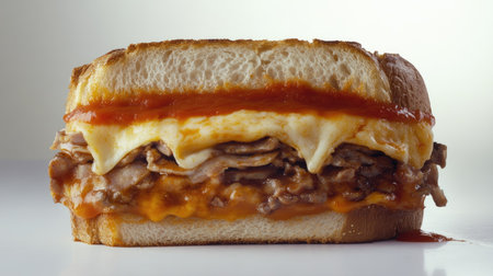 This hearty layered sandwich features a delicious combination of meat and cheese, topped with savory sauce, perfect for any meal or snack craving.の素材