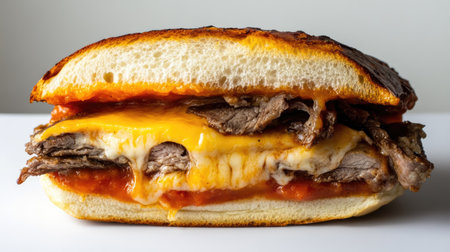 Indulge in a mouthwatering Portuguese Francesinha sandwich, filled with tender beef and melted cheese, slathered in rich sauce. A true comfort food delight!の素材