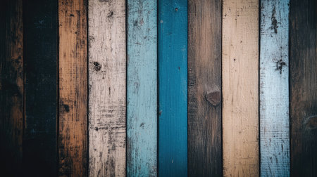 A close-up view of a rustic wooden wall showcasing six horizontal planks in varying colors and textures, perfect for backgrounds and design projects.の素材