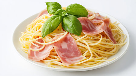 A mouthwatering serving of spaghetti topped with slices of juicy ham and fresh basil. This dish showcases the perfect blend of flavors and presentation. Ideal for culinary enthusiasts.の素材