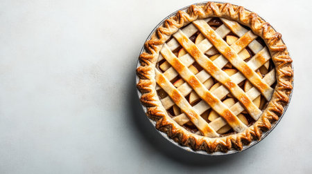 A stunning golden brown pie with an elegant lattice crust, perfect for any occasion. This delicious dessert promises warmth and delectable flavors in every slice.の素材